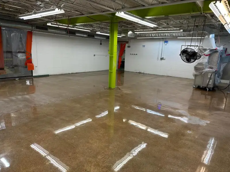Polished concrete floor in industrial space with green columns